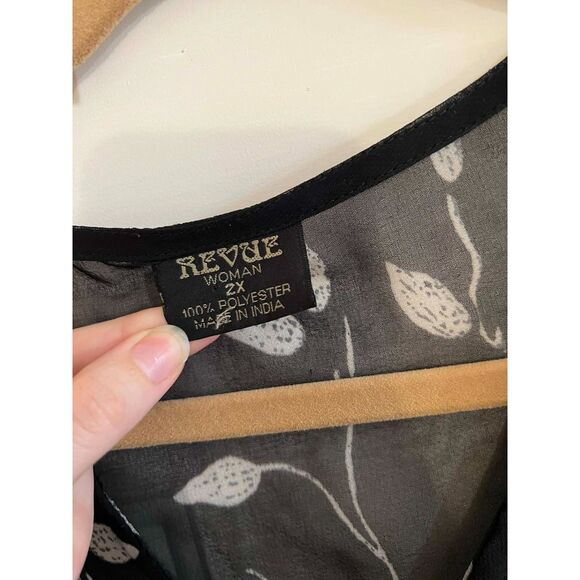 2X Black and White Leaf Vine Shift Dress Sheer Chiffon Button Up Flowy Boho - Picture 5 of 10